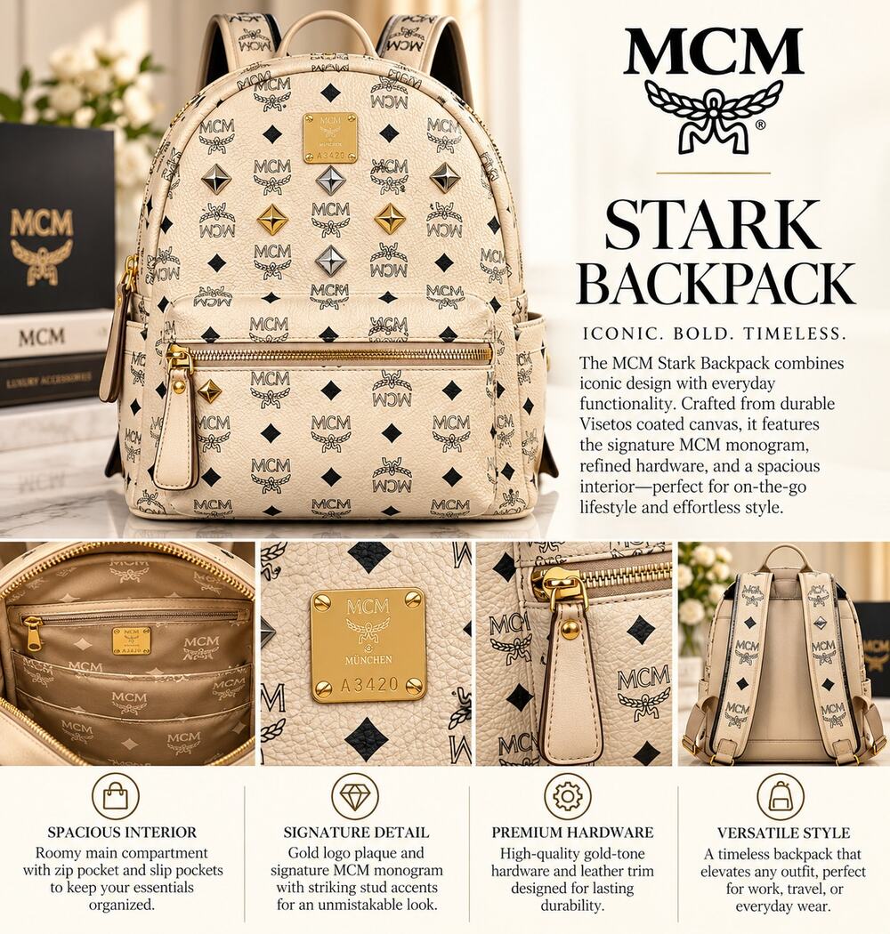 MCM Stark Side Studs Backpack in Visetos Monogram Canvas*Beige